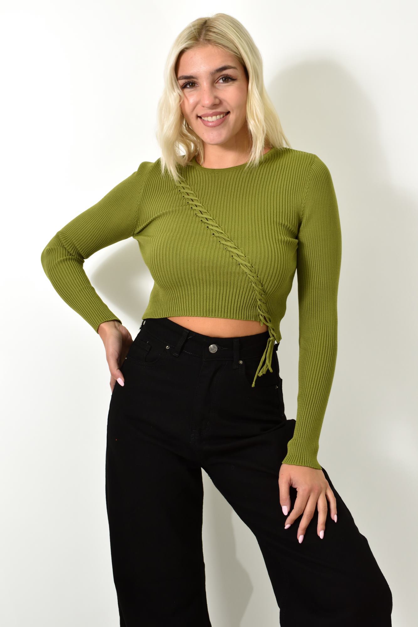 Γυναικείο πλεκτό crop top με σχέδιο πλεξουδάκι Λαδί 25803