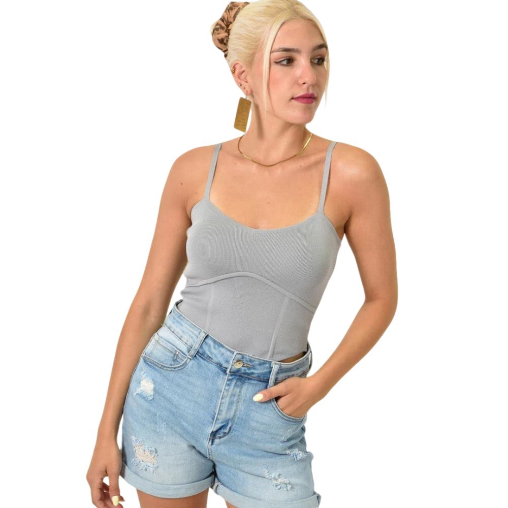 Crop top πλεκτό με λεπτές τιράντες Γκρι Μπεζ 25191