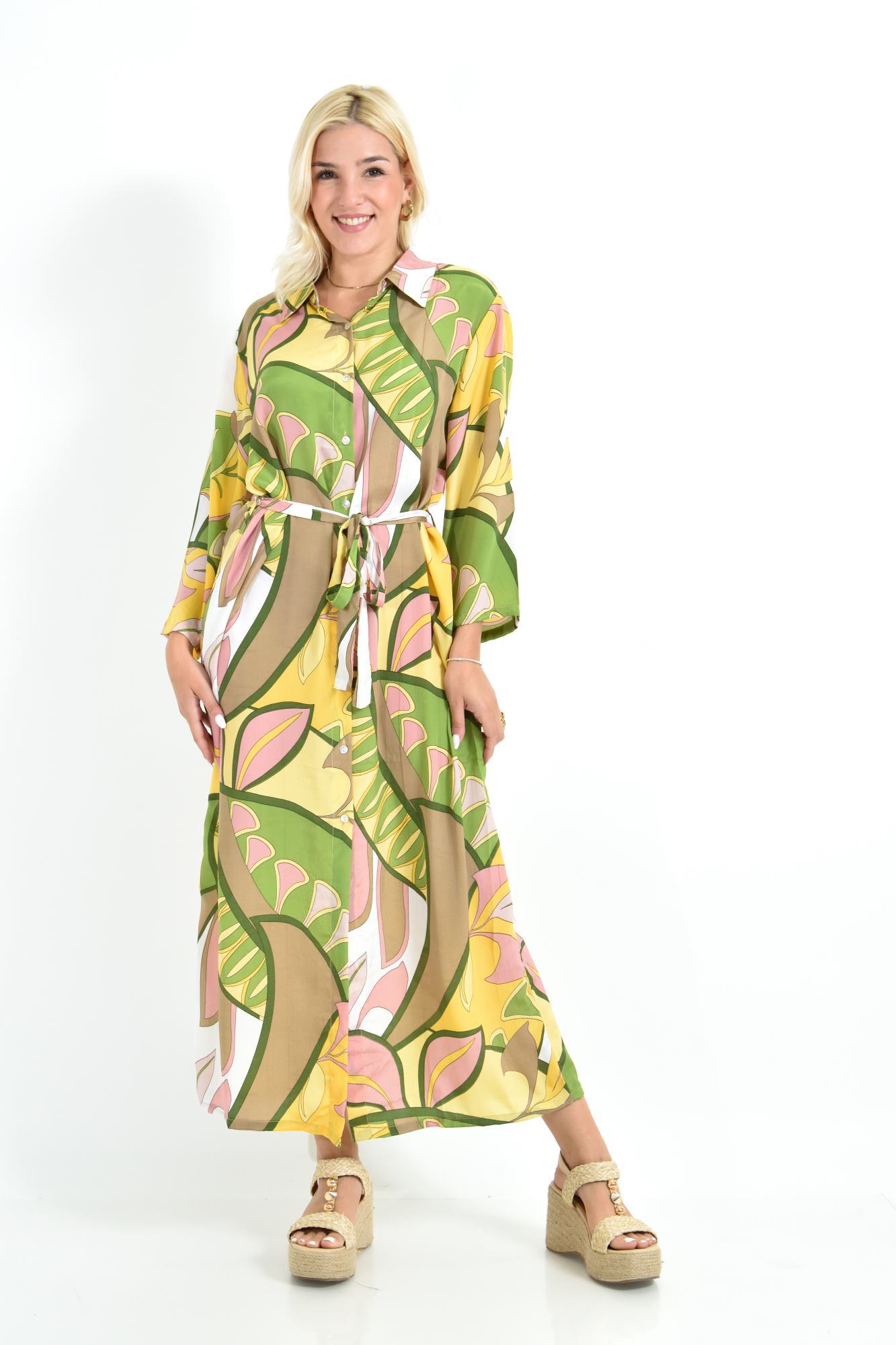 Μακρύ Πουκαμισοφόρεμα με Ζωηρό Tropical Print & Ζωνάκι Κίτρινο 26649
