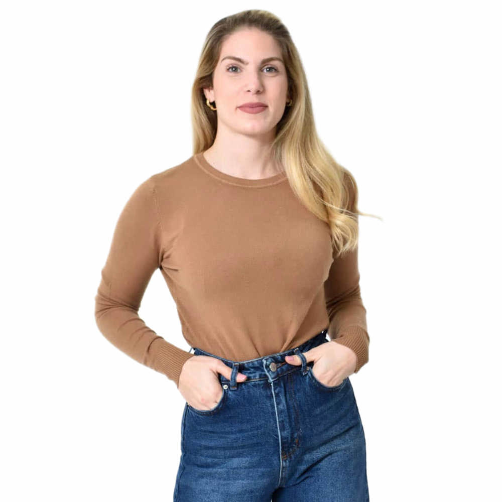 Πλεκτή Μπλούζα Ζέρσεϊ με Στρογγυλή Λαιμόκοψη Μπεζ 27307