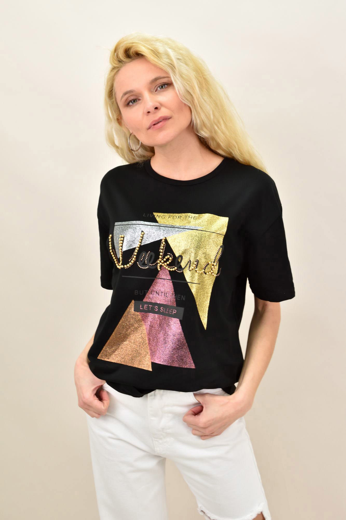 Γυναικείο T-shirt με τύπωμα και στρας WEEKEND Μαύρο 14973