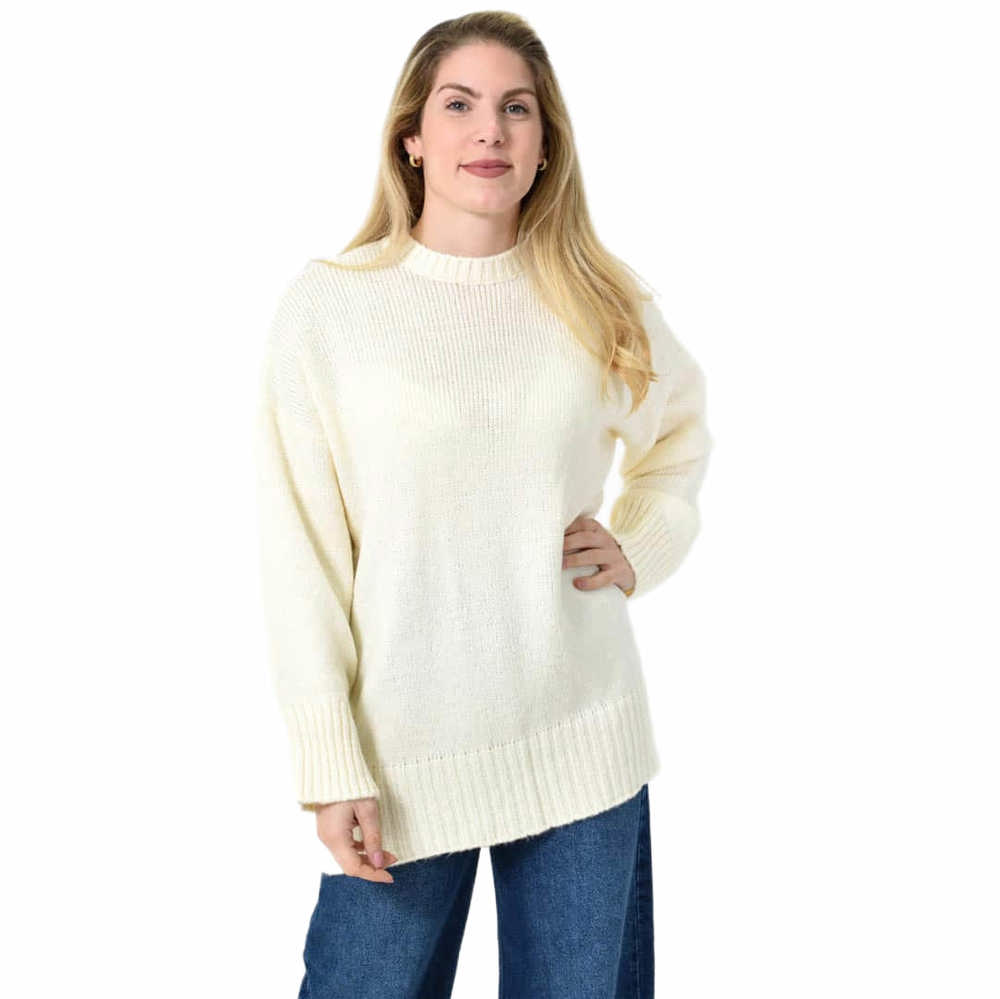 Oversized Πλεκτή Μπλούζα με Στρογγυλή Λαιμόκοψη & Ριμπ Λεπτομέρειες Εκρού 27301