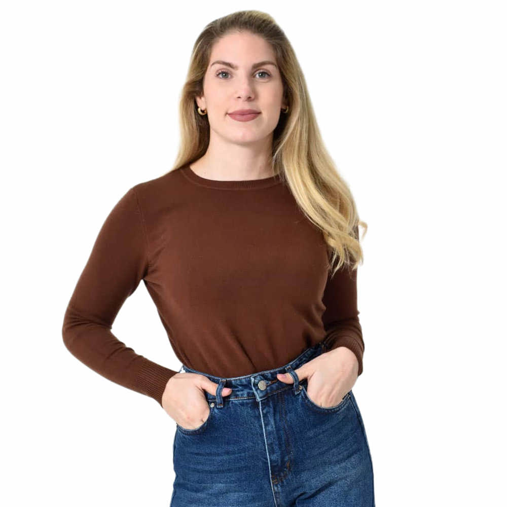 Πλεκτή Μπλούζα Ζέρσεϊ με Στρογγυλή Λαιμόκοψη Καφέ 27316