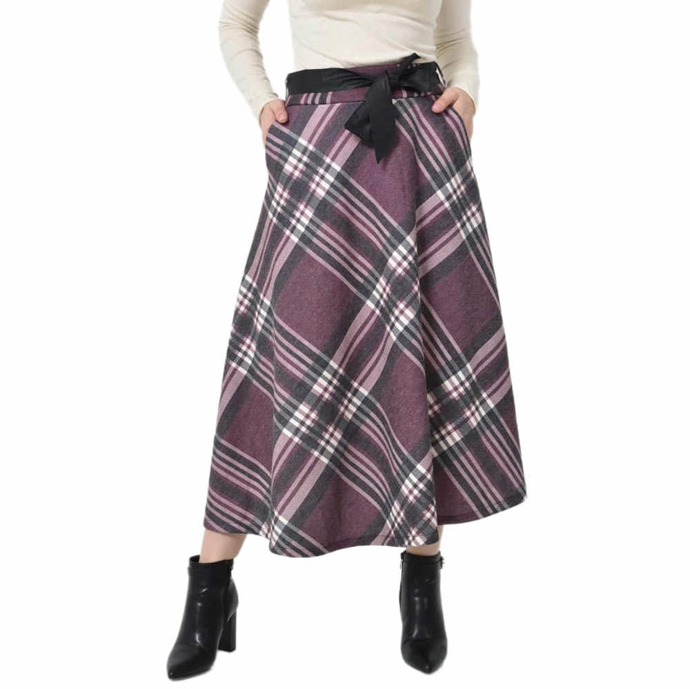 Potre OR Ψηλόμεση Midi Καρό Φούστα με Λάστιχο, Τσέπες & Ζώνη Ματζέντα 27228