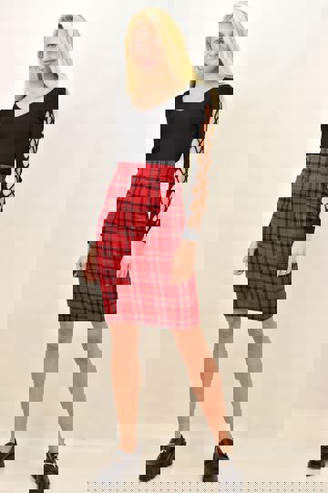  - Γυναικεία καρό κοντή φούστα Potrefashion pencil με λάστιχο στη μέση σε κόκκινο