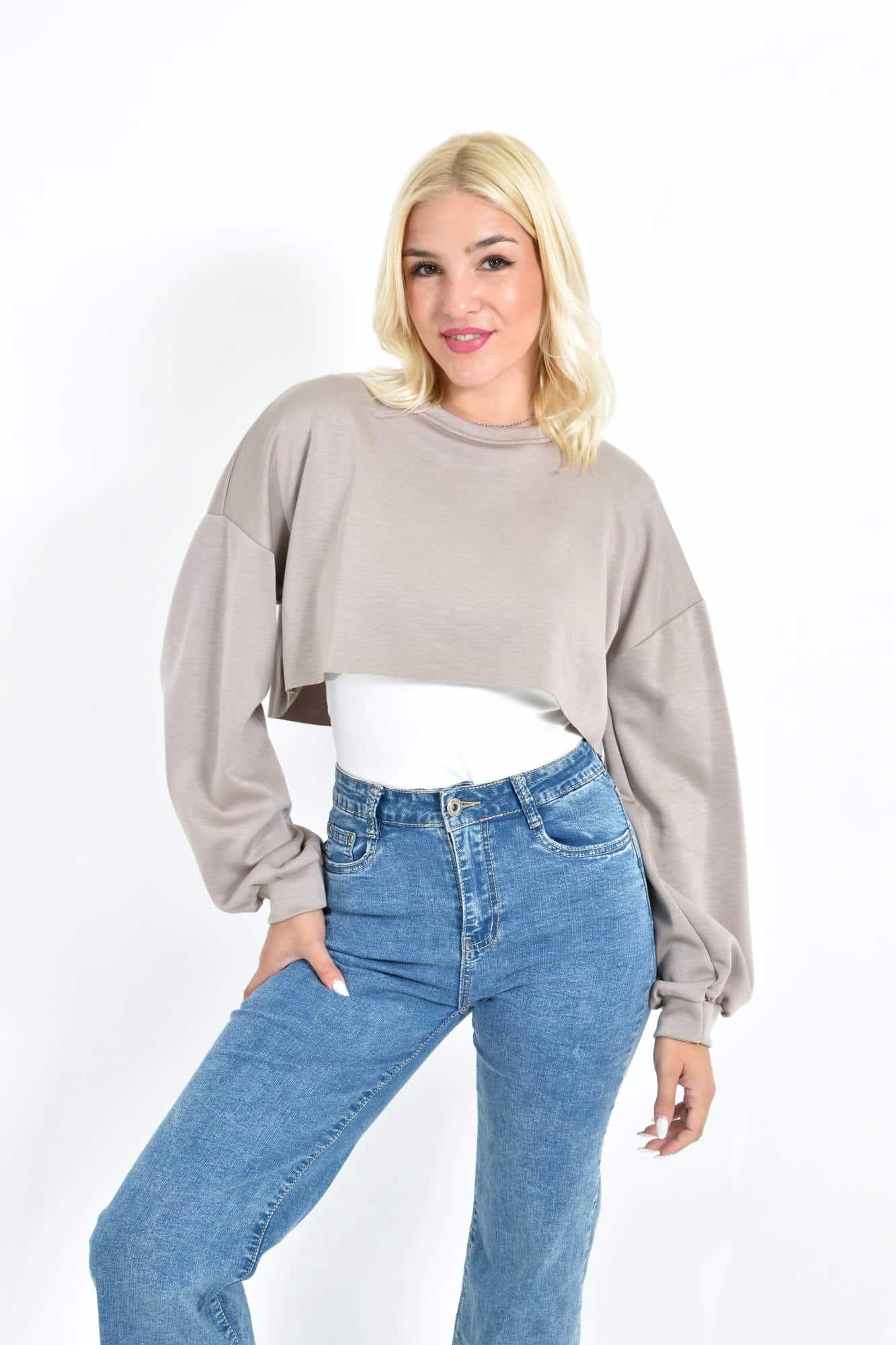 Γυναικείο Cropped Top με Balloon Μανίκια Μπεζ 27097