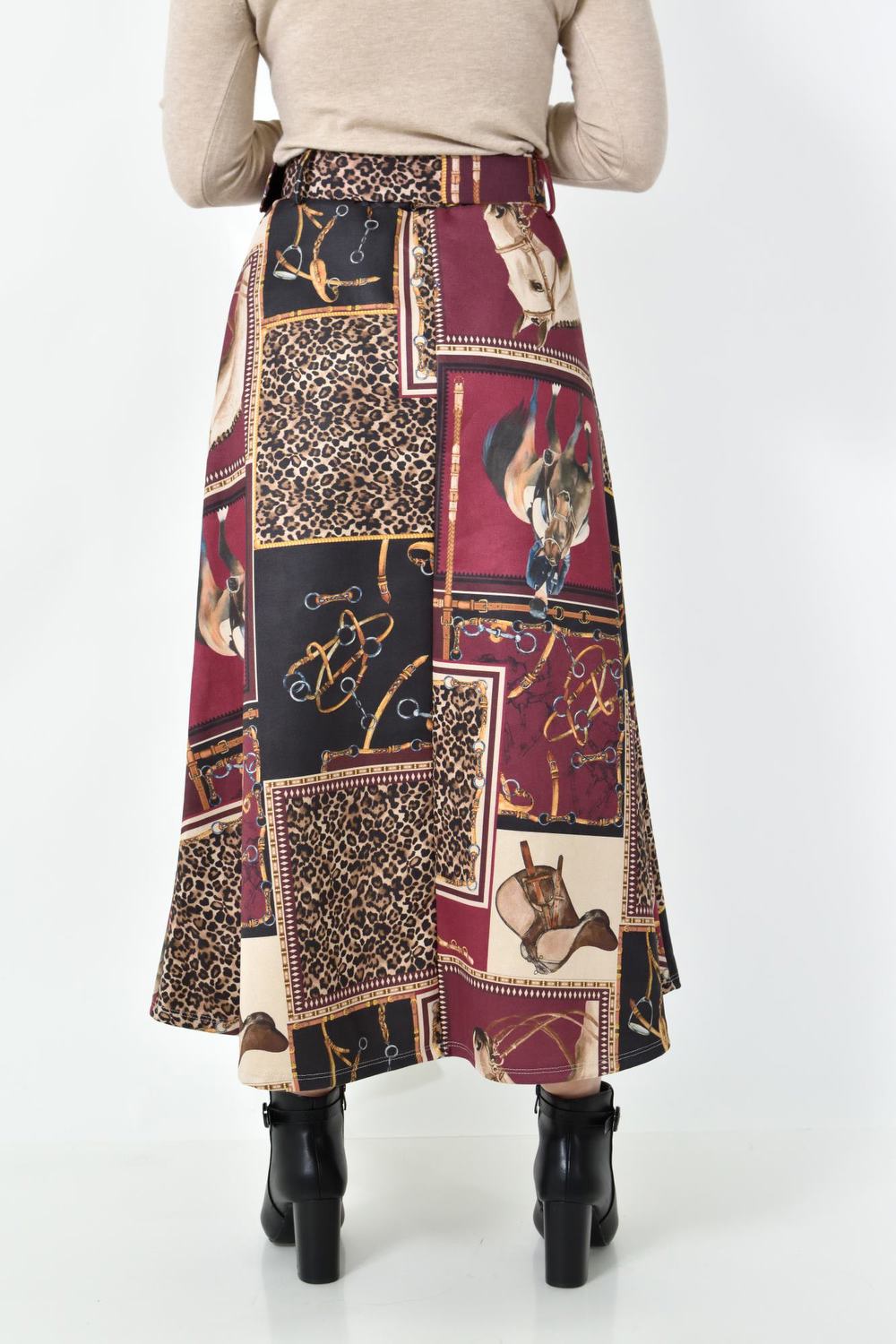 Ψηλόμεση Midi Φούστα Εβαζέ με Ασορτί Ζώνη Μπορντώ 27253 φωτογραφία