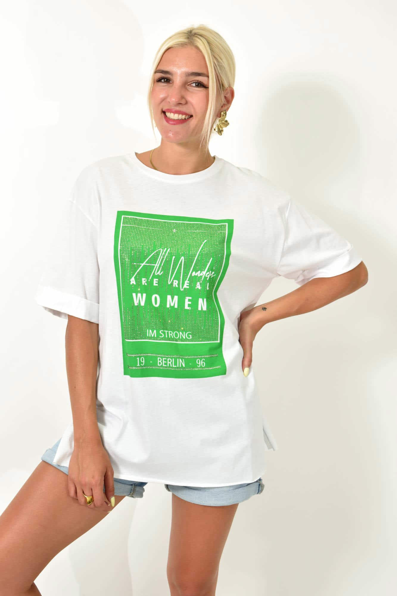 Γυναικείο T-shirt με τύπωμα και στρας Λευκό 25508