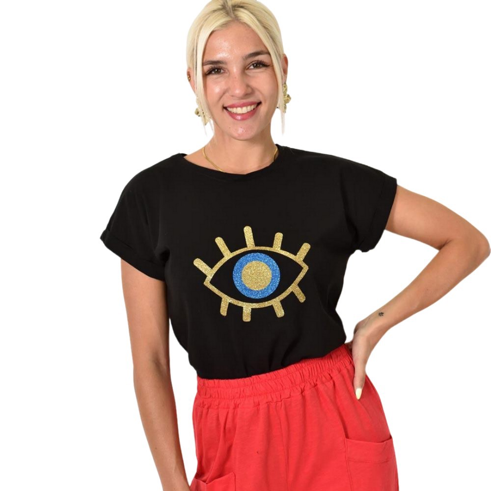 Γυναικείο T-shirt με στάμπα μάτι Μαύρο 25591