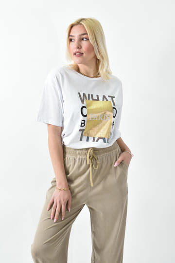  - T-shirt με μεταλιζέ πλαίσιο PARIS σε λευκό