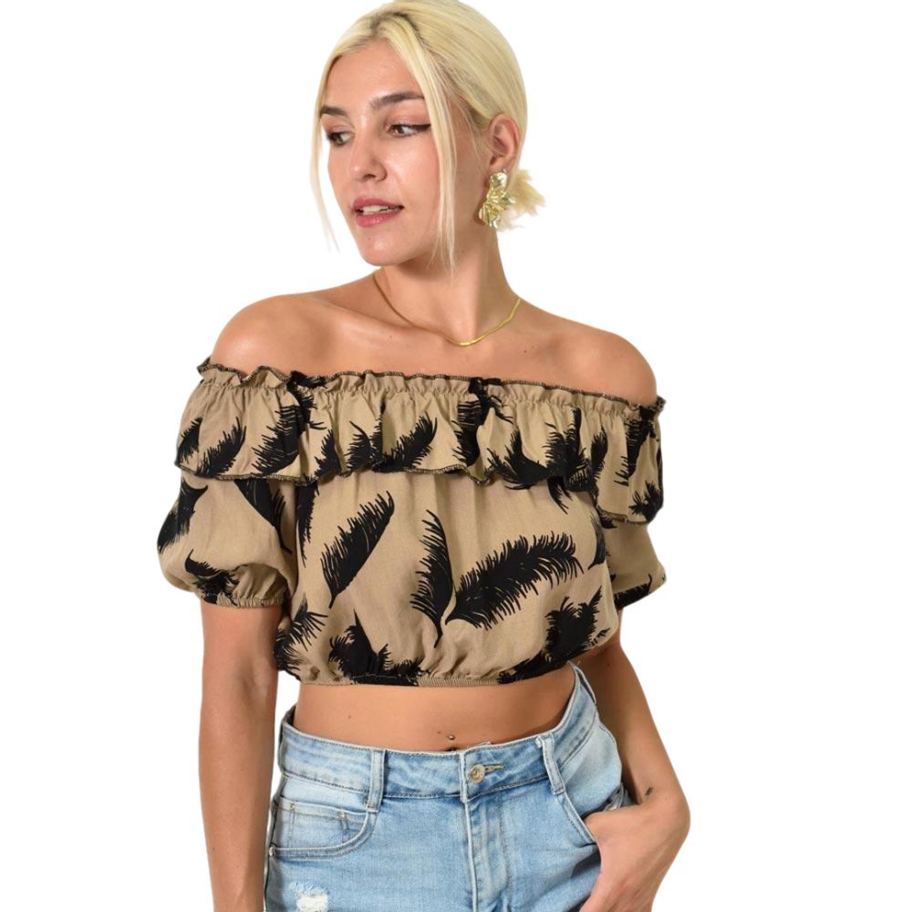 Crop τοπ με βολάν και σχέδιο Μπεζ 25559