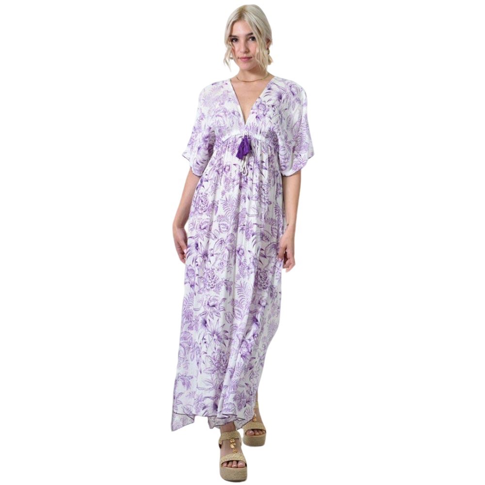 Μακρύ φλοράλ φόρεμα με κορδόνια Μωβ 24532