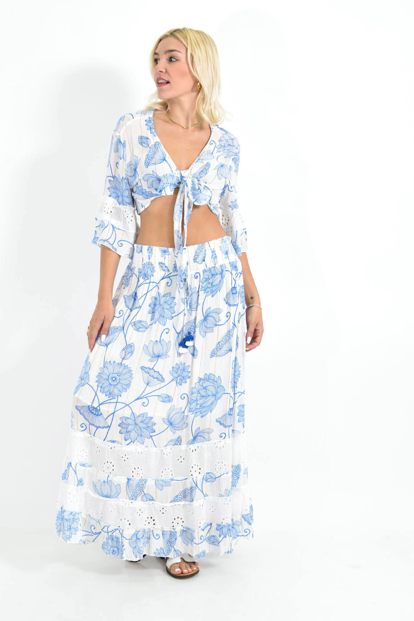 Boho Σετ Crop Top & Φούστα με Τρυπητές Λεπτομέρειες Μπλε 26623