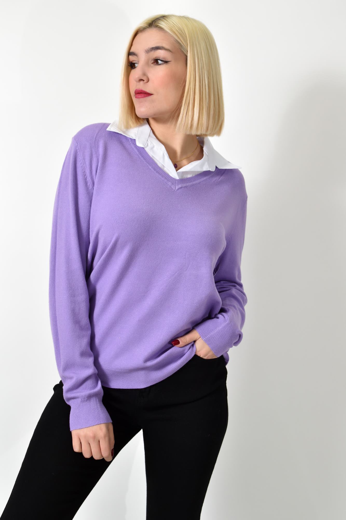 Γυναικεία oversized μπλούζα με γιακά Λιλά 22903