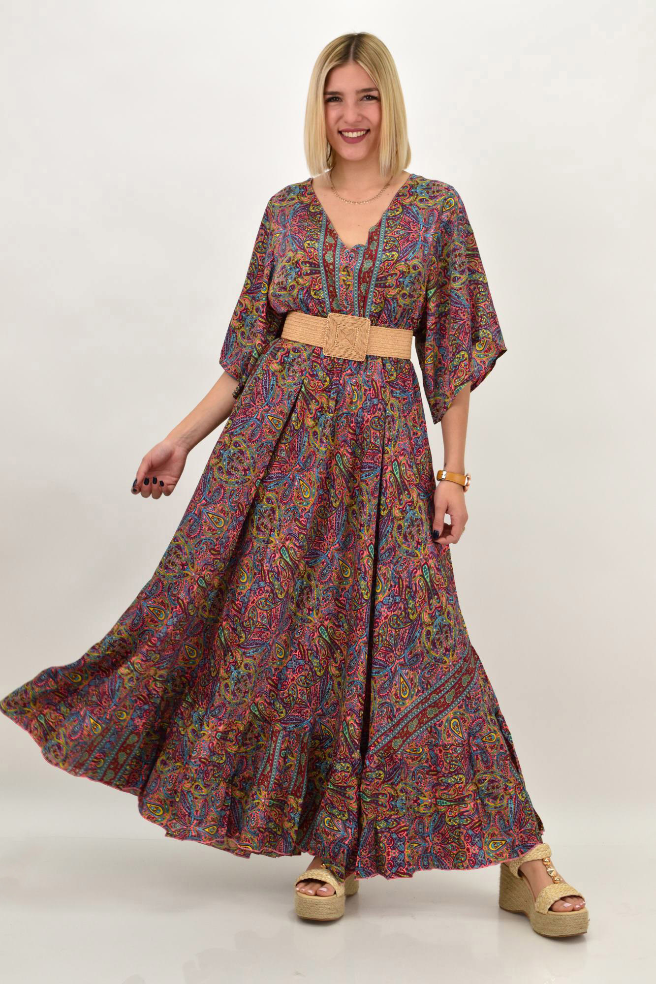 Γυναικείο μεταξωτό boho φόρεμα με κρόσια Μπορντώ 20531