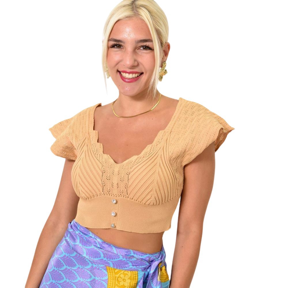 Πλεκτό τοπ με στρας Μπεζ 23796