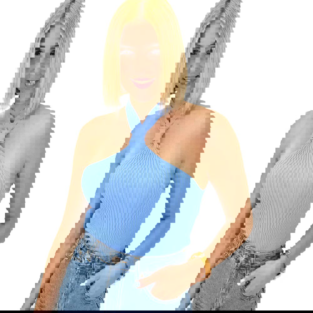 Γυναικείο τοπ ριπ με κόμπο στο λαιμό Γαλάζιο 20954