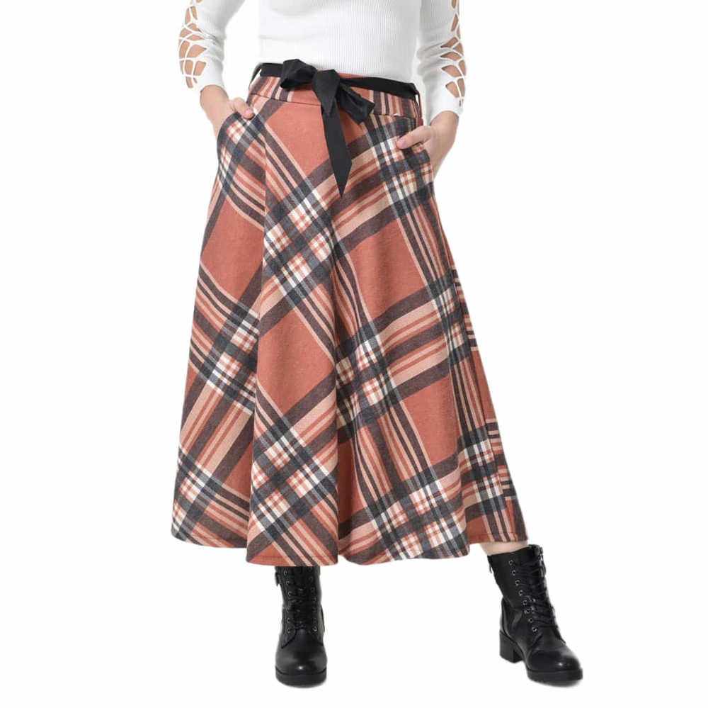 Potre OR Ψηλόμεση Midi Καρό Φούστα με Τσέπες & Ζώνη Κεραμιδί 27221