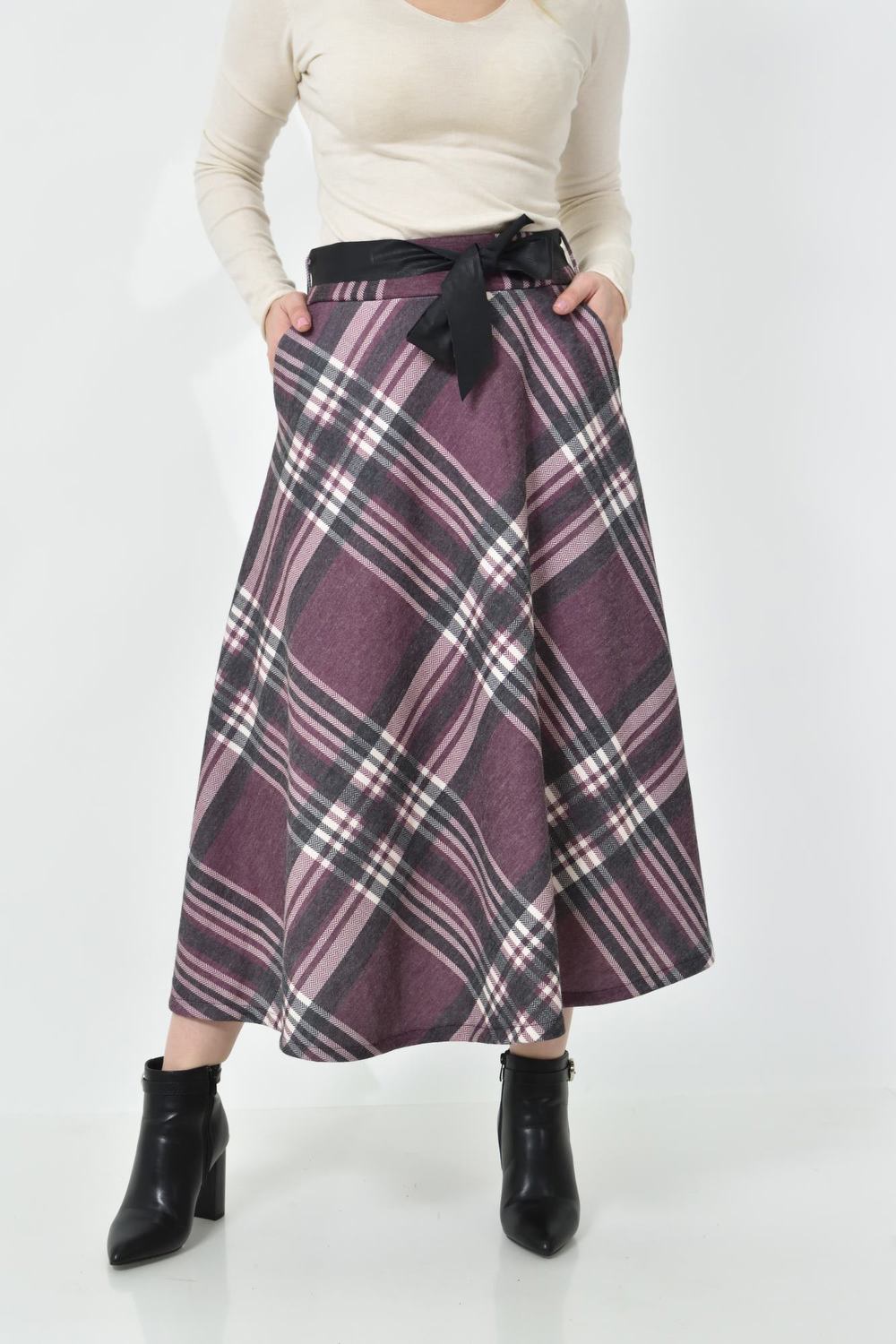 Ψηλόμεση Midi Καρό Φούστα με Λάστιχο, Τσέπες & Ζώνη Ματζέντα 27228 φωτογραφία