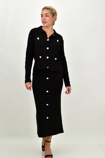  - Μονόχρωμο γυναικείο πλεκτό σετ με ζακέτα και μίντι φούστα, μαύρο