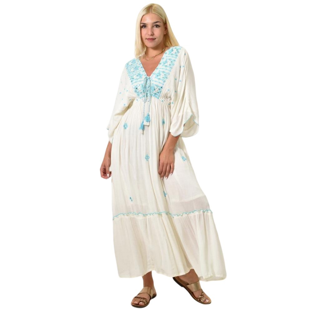 Μακρύ φόρεμα με κεντήματα και κορδόνια Λευκό 24789