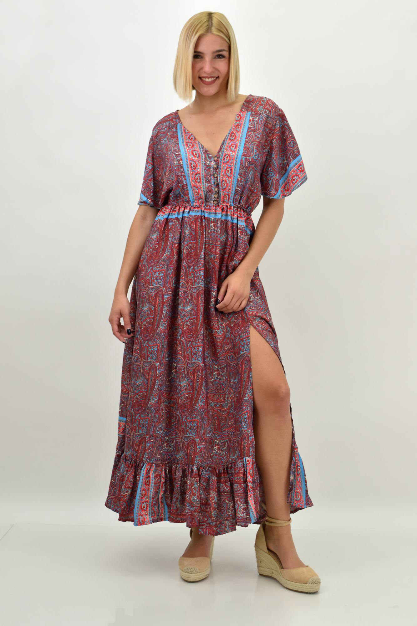 Γυναικείο μεταξωτό boho φόρεμα με κουμπιά χωρίς ζώνη Μπλε 20652