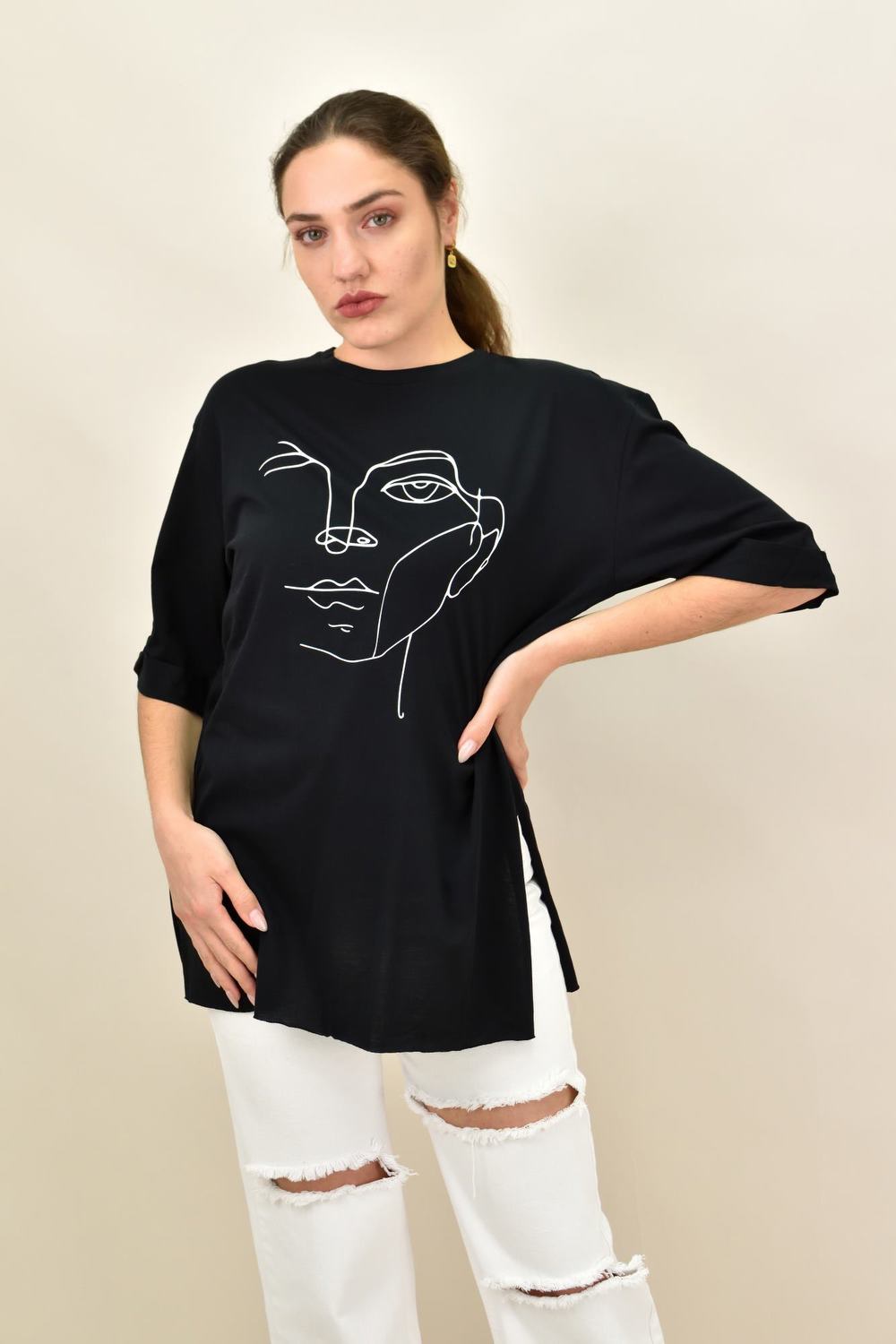 Γυναικείο T-shirt με τύπωμα πρόσωπο Μαύρο 15281 φωτογραφία