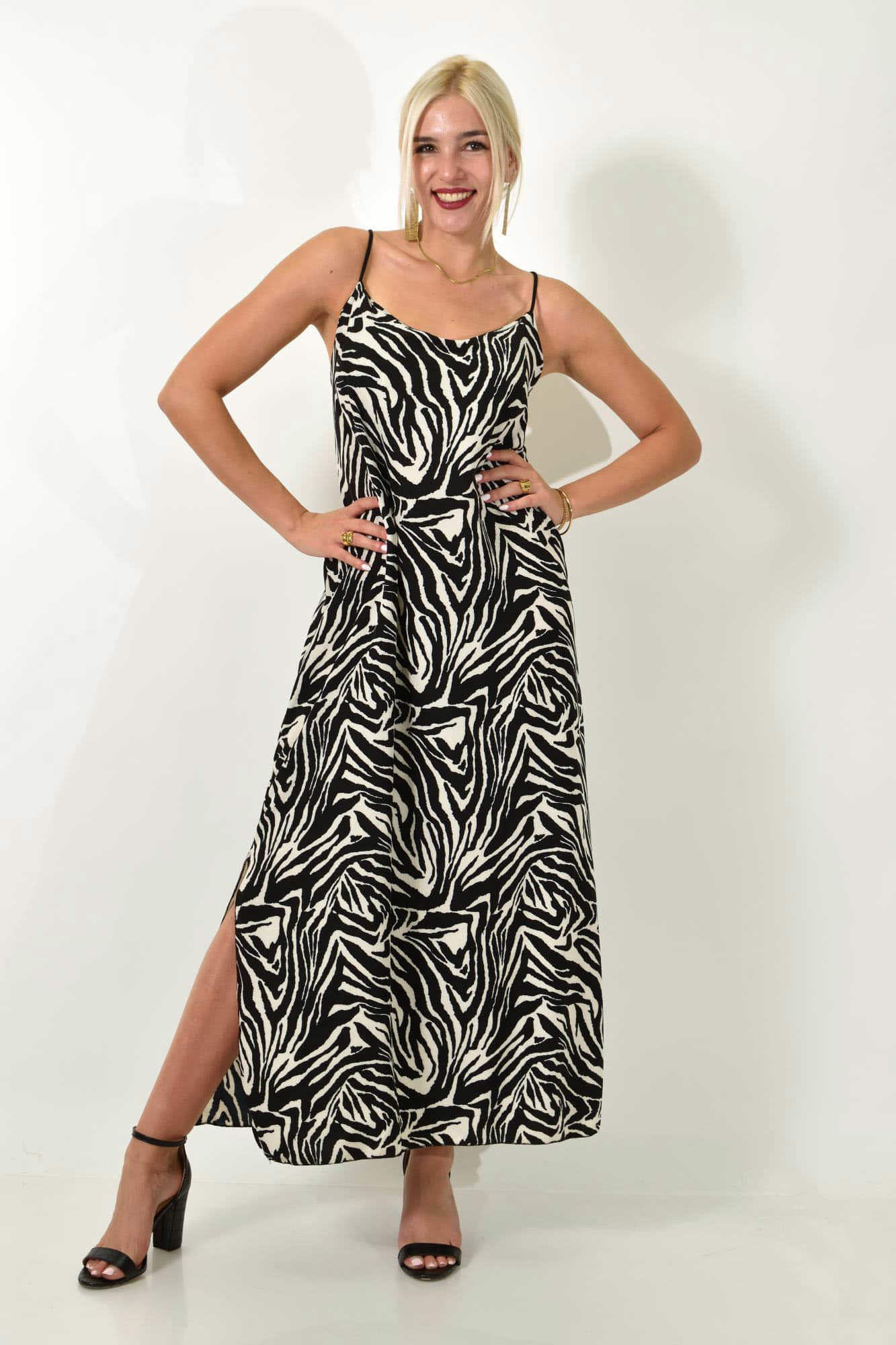 Midi φόρεμα με λεπτές τιράντες animal print Animal Print 24929