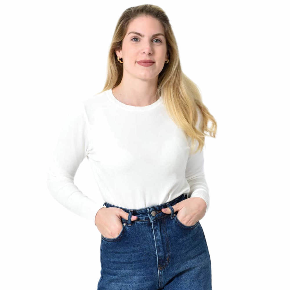 Πλεκτή Μπλούζα Ζέρσεϊ με Στρογγυλή Λαιμόκοψη Λευκό 27310