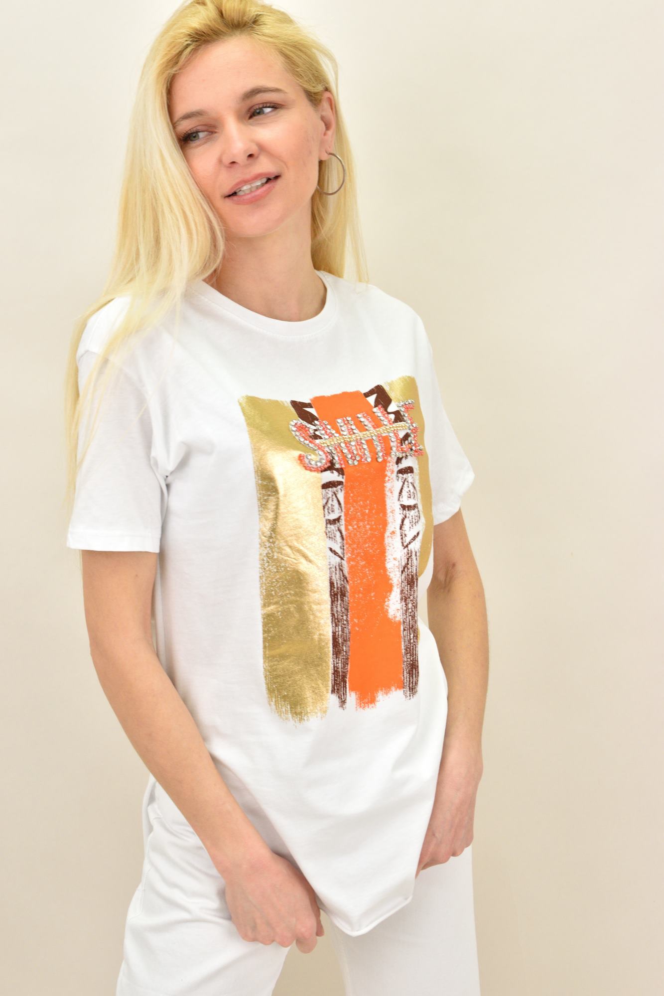 Γυναικείο T-shirt με στρας SMILE Λευκό 14699