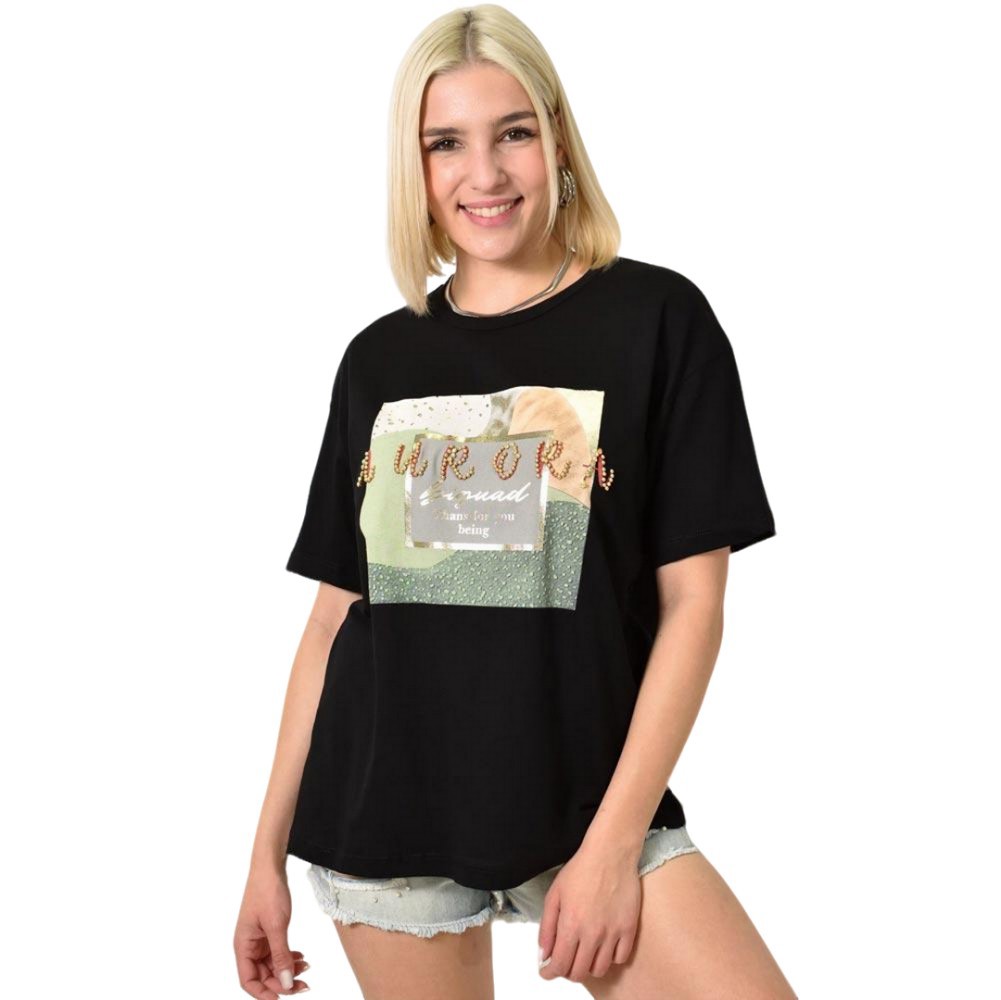 Γυναικείο T-shirt με στρας aurora Μαύρο 23966