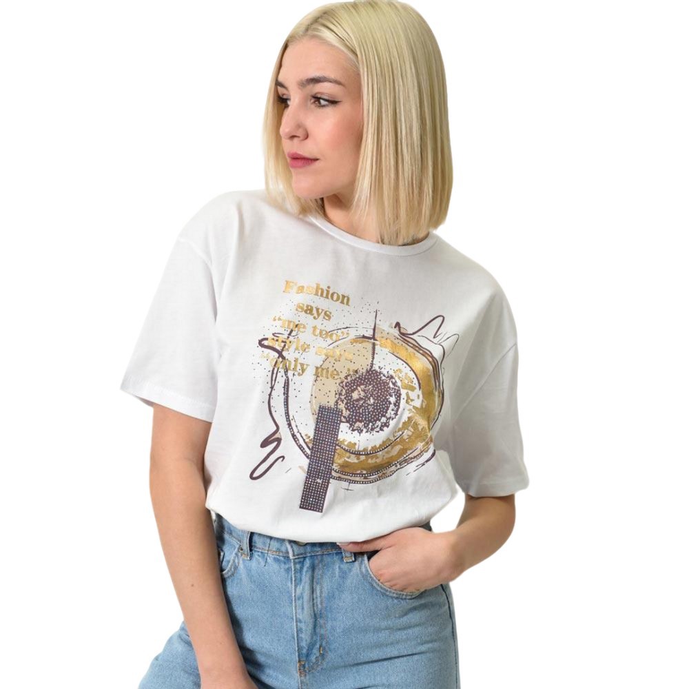 Γυναικείο T-shirt με τύπωμα και στρας Λευκό 23770