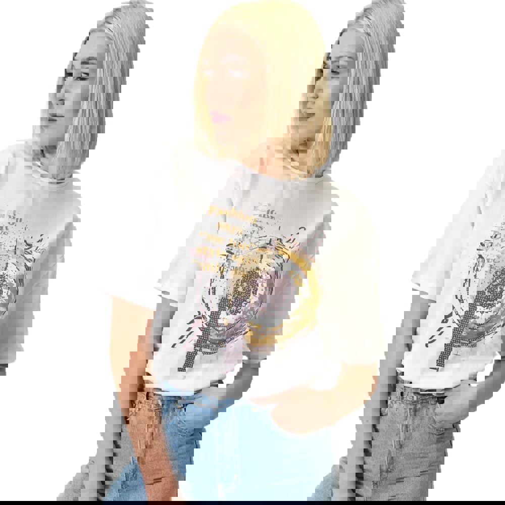 Γυναικείο T-shirt με τύπωμα και στρας Λευκό 23770