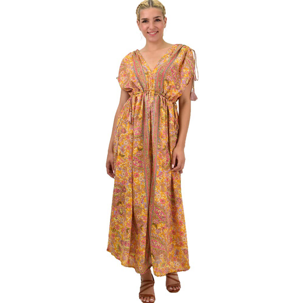 Γυναικείο μεταξωτό boho φόρεμα με κρόσια Μουσταρδί 21271