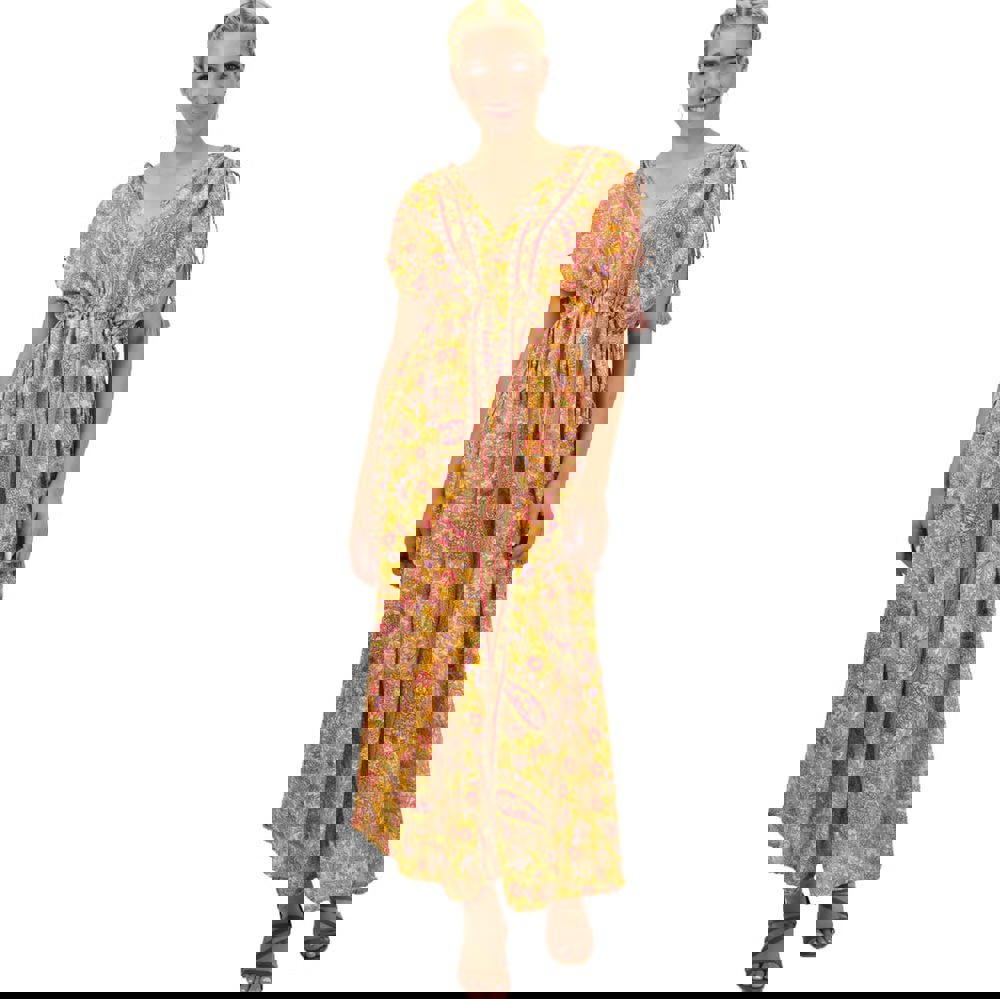 Γυναικείο μεταξωτό boho φόρεμα με κρόσια Μουσταρδί 21271