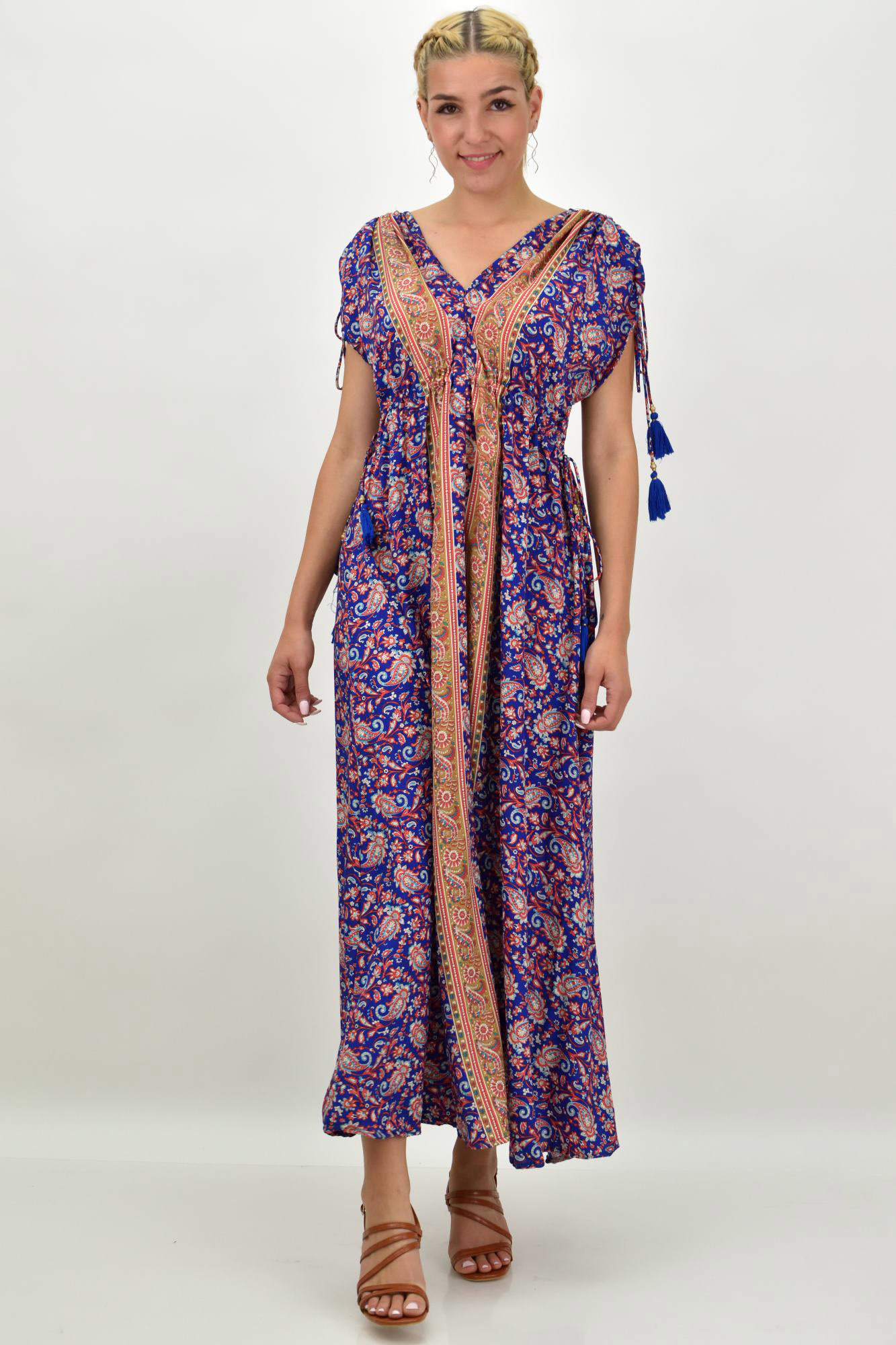 Γυναικείο μεταξωτό boho φόρεμα με κρόσια Μπλε Σκούρο 21183