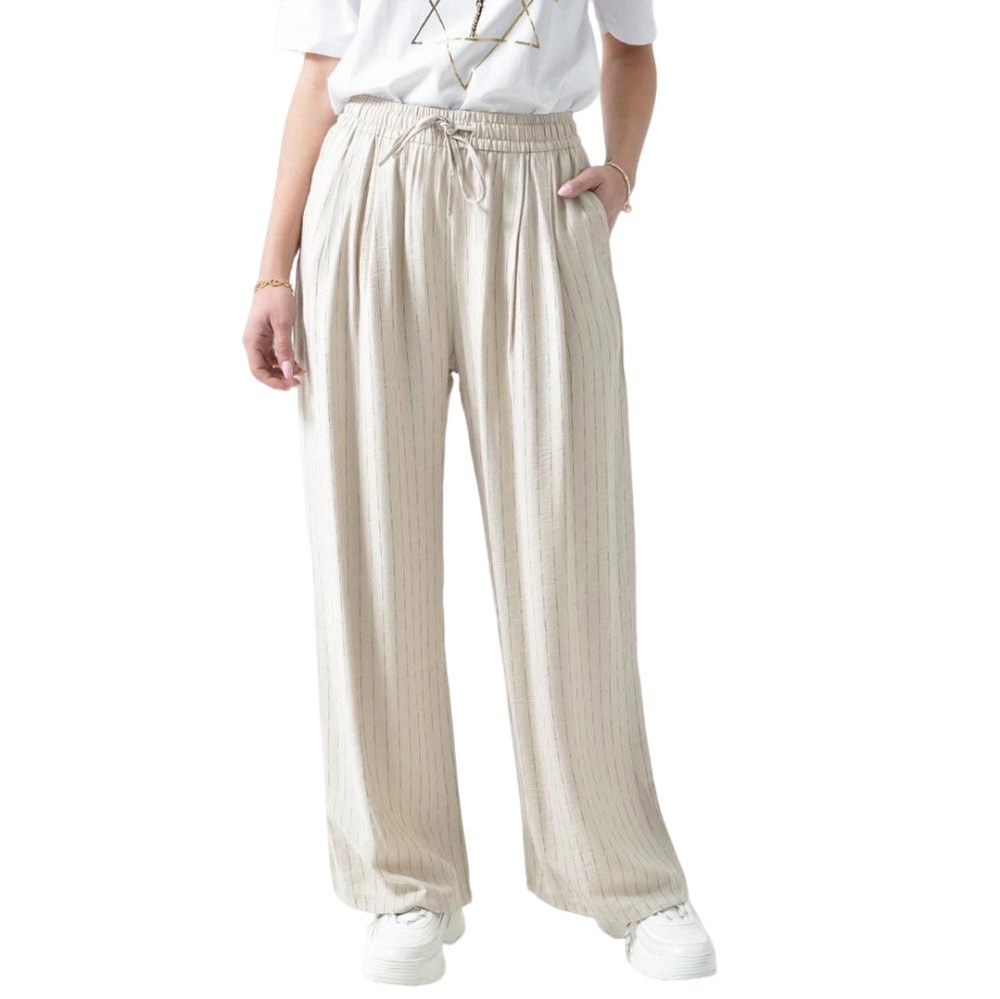 Παντελόνι ψηλόμεσο ριγέ με δέσιμο Μπεζ 26319