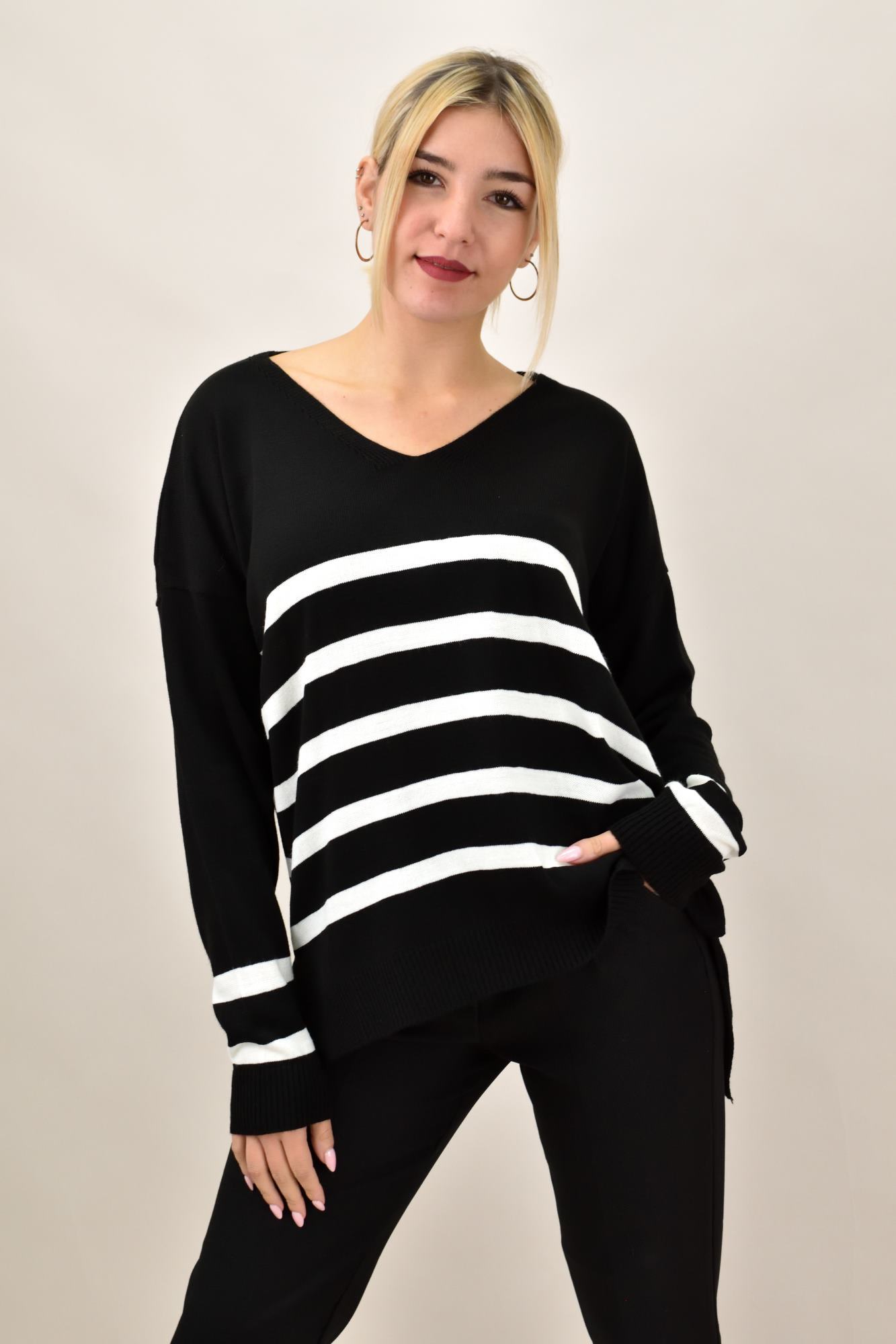 Πλεκτή μπλούζα ριγέ oversized Μαύρο 18484