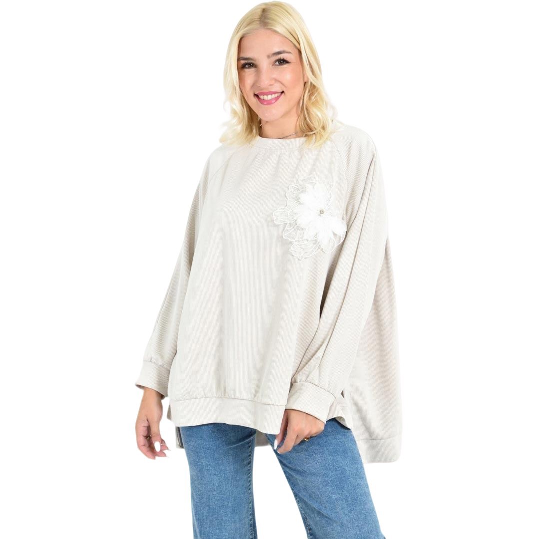 Γυναικεία Oversized Μπλούζα με 3D Λουλούδι Μπεζ 27054