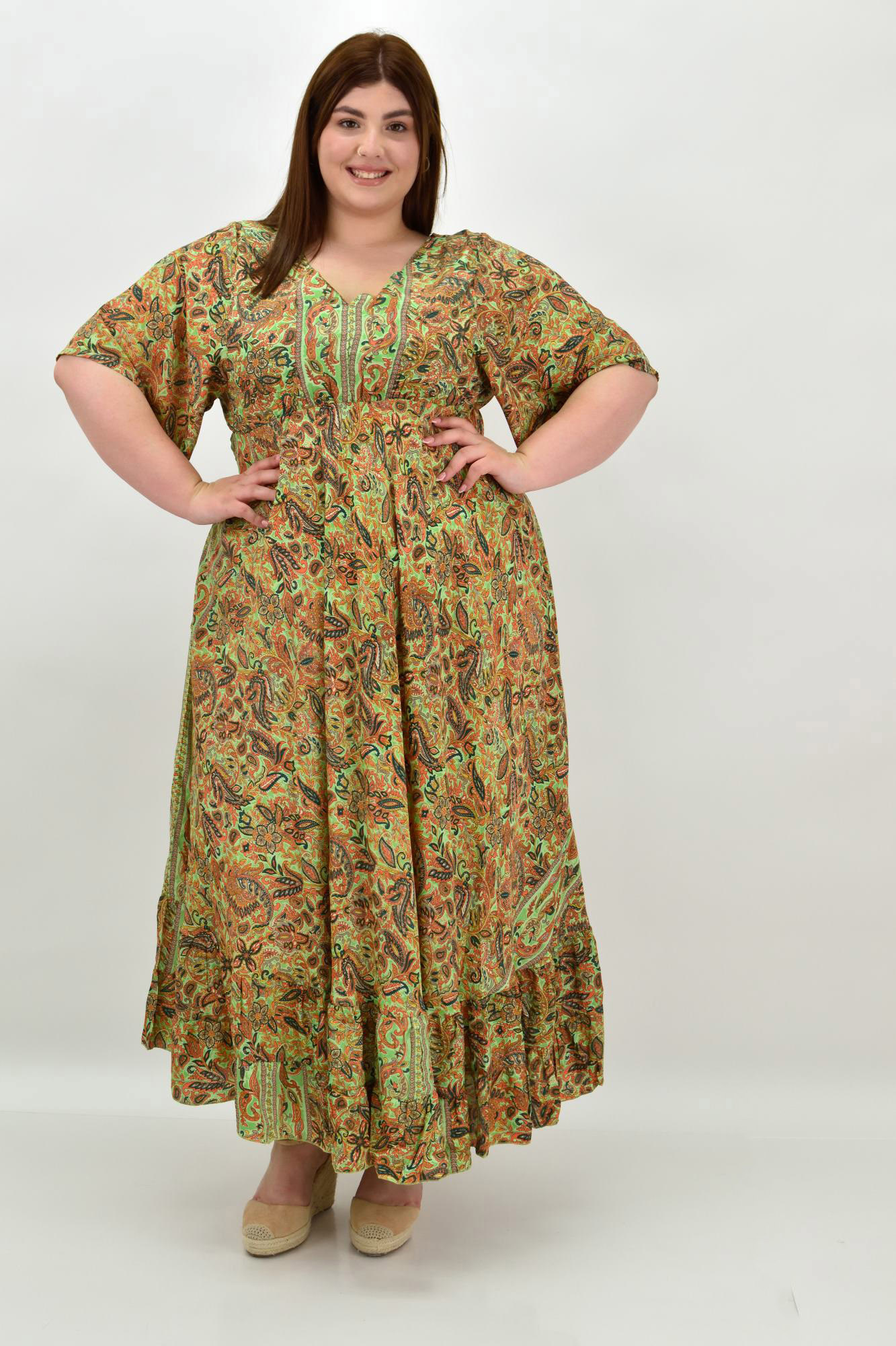 Γυναικείο μεταξωτό boho φόρεμα oversized Λαχανί 20085