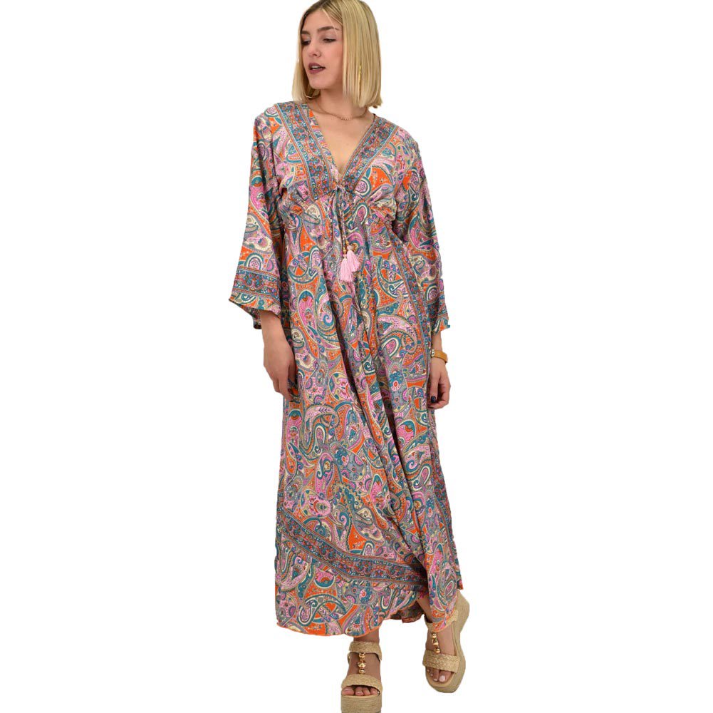 Γυναικείο μεταξωτό boho φόρεμα με κρόσια Ροζ 20585