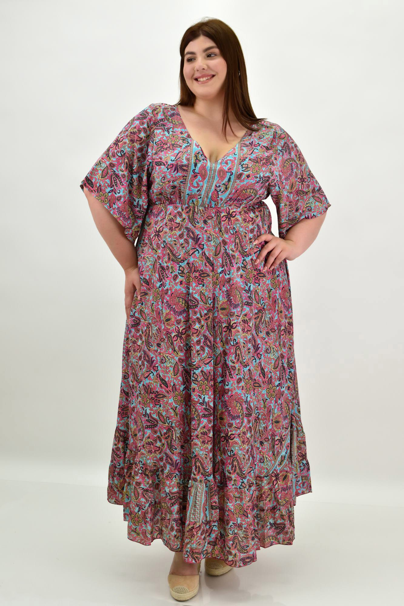 Γυναικείο μεταξωτό boho φόρεμα oversized Μπλε 20083
