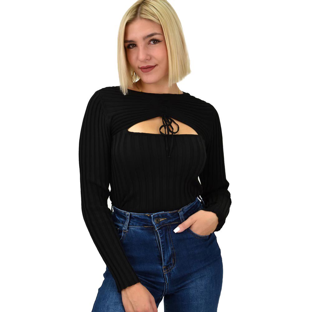Γυναικείο πλεκτό crop top με άνοιγμα στο μπούστο Μαύρο 21996