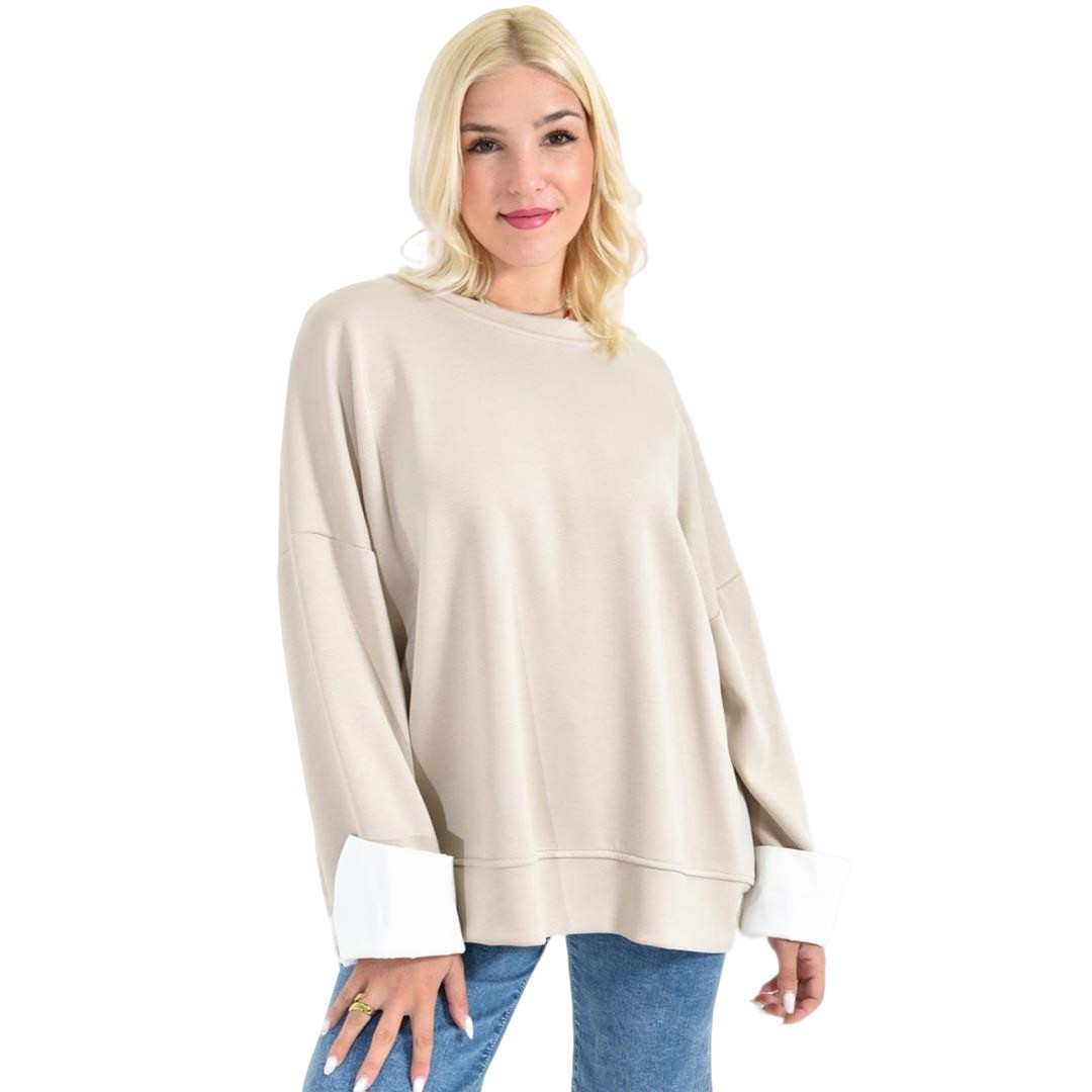 Γυναικεία Μπεζ Oversized Μπλούζα με Λευκά Ρεβέρ Πουκαμίσου Μπεζ 27061