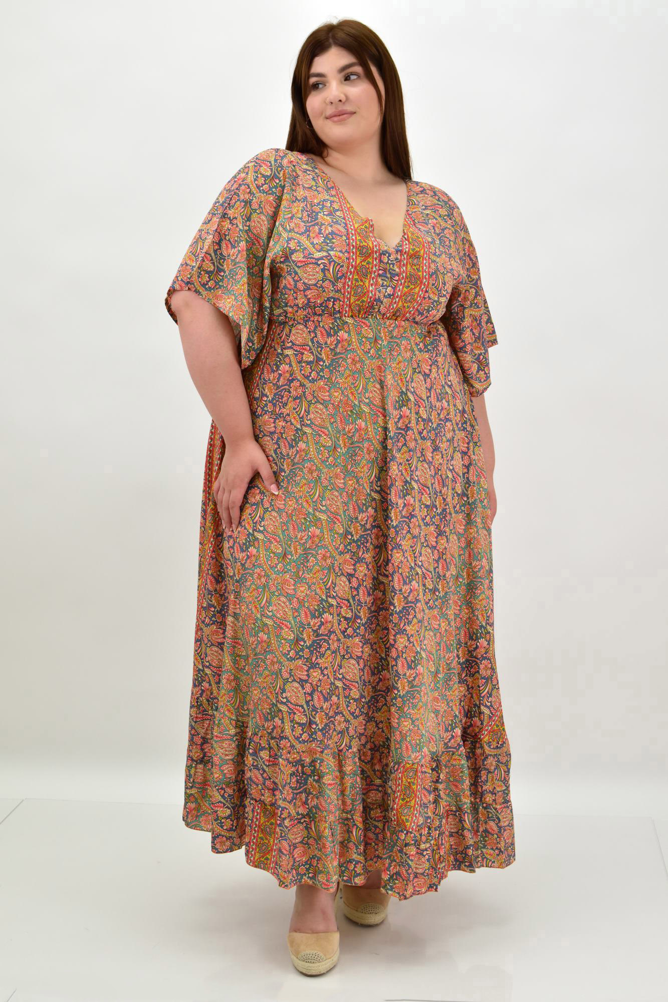 Γυναικείο μεταξωτό boho φόρεμα oversized Πορτοκαλί 20087
