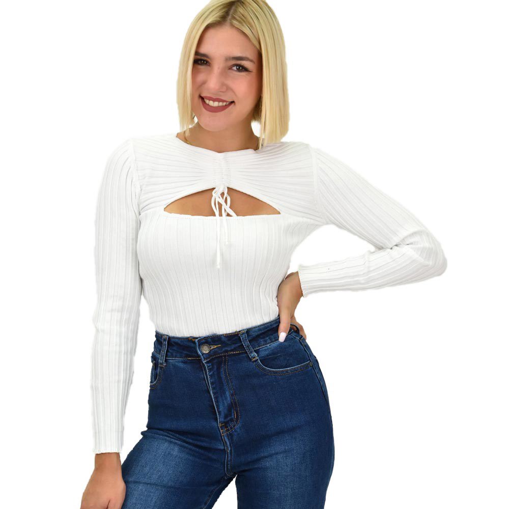 Γυναικείο πλεκτό crop top με άνοιγμα στο μπούστο Λευκό 21998