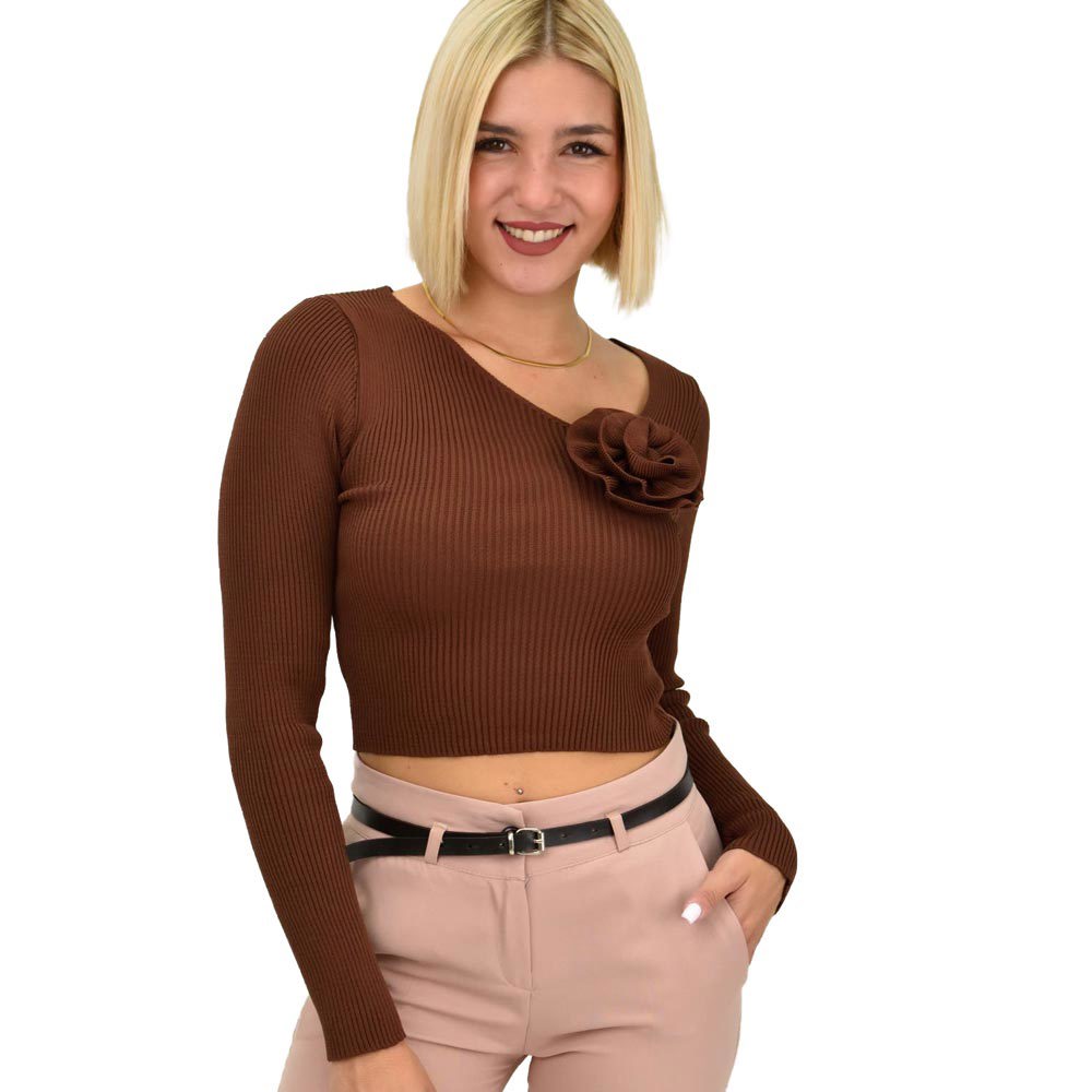 Γυναικείο πλεκτό crop top με σχέδιο λουλούδι Καφέ 21981