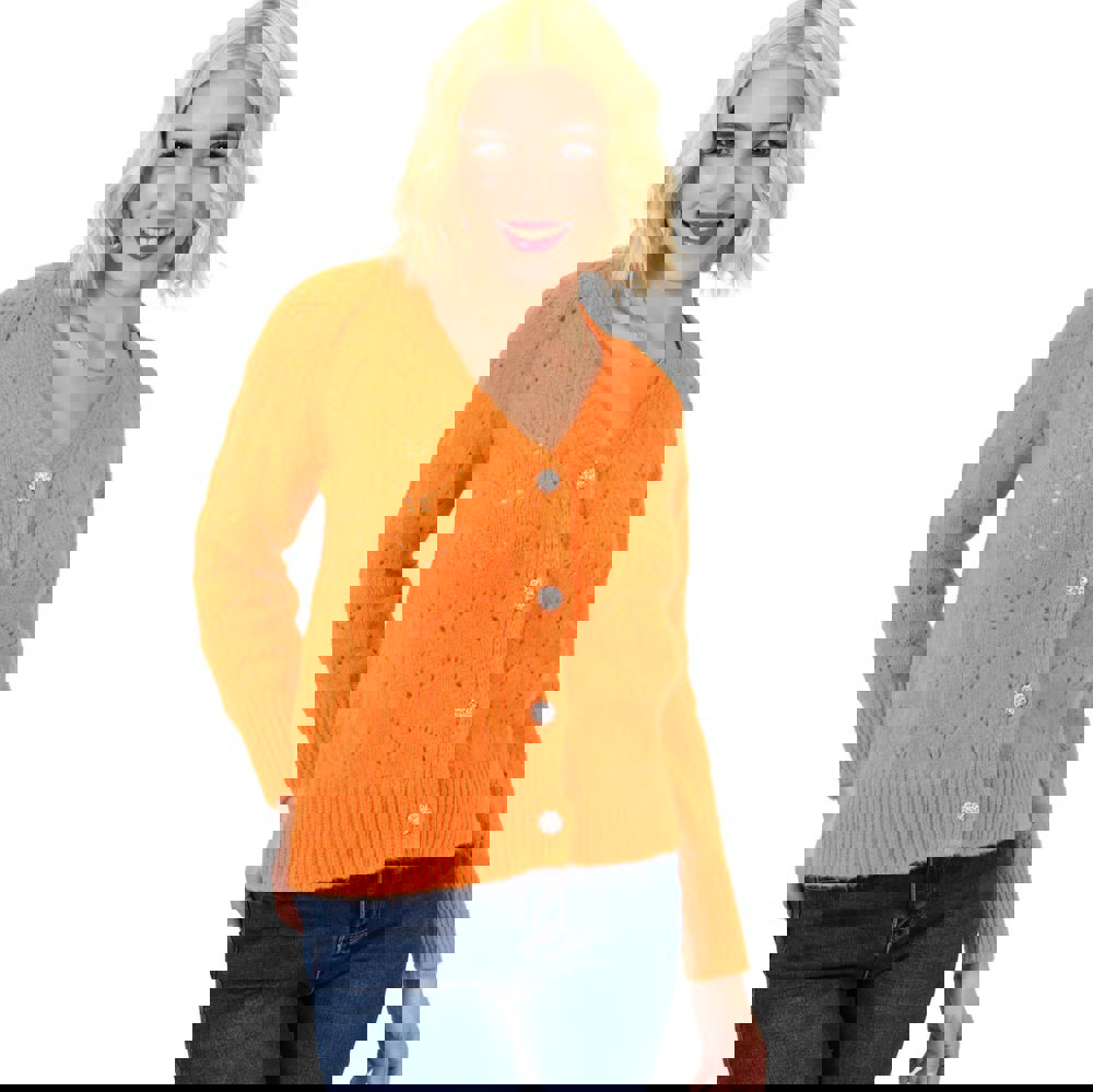 Γυναικεία πλεκτή ζακέτα με στρας στα κουμπιά Πορτοκαλί 23052