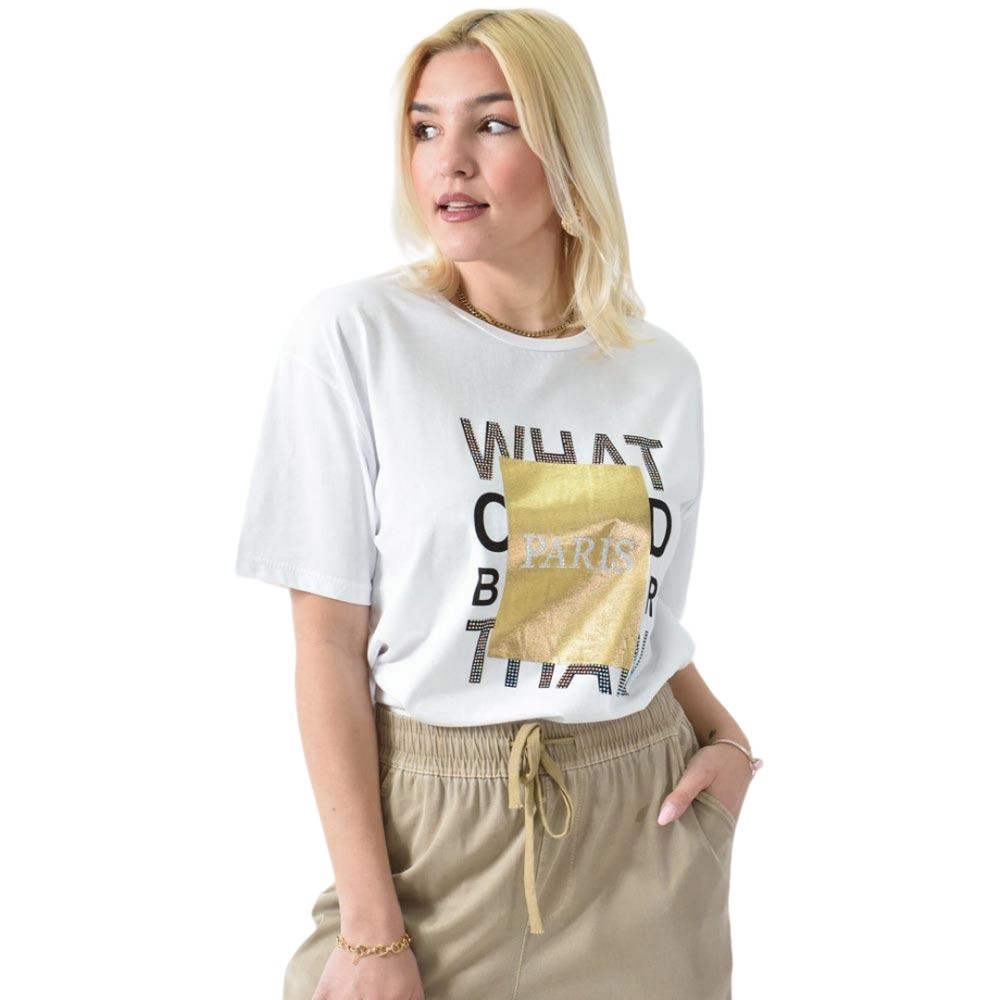 Γυναικείο T-shirt με μεταλιζε πλαίσιο PARIS Λευκό 26419