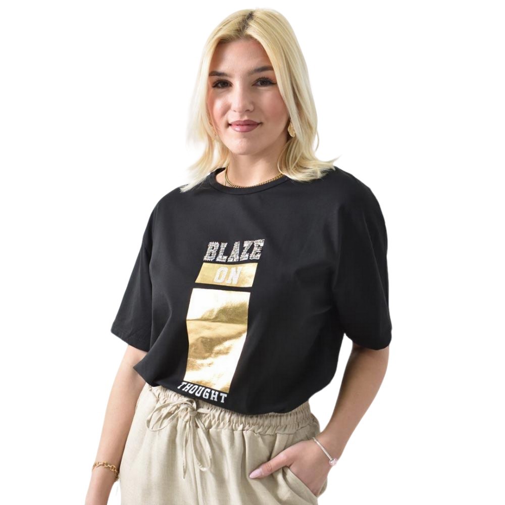 Γυναικείο T-shirt με σχέδιο BLAZE με Στρας & Πέρλες Μαύρο 26422
